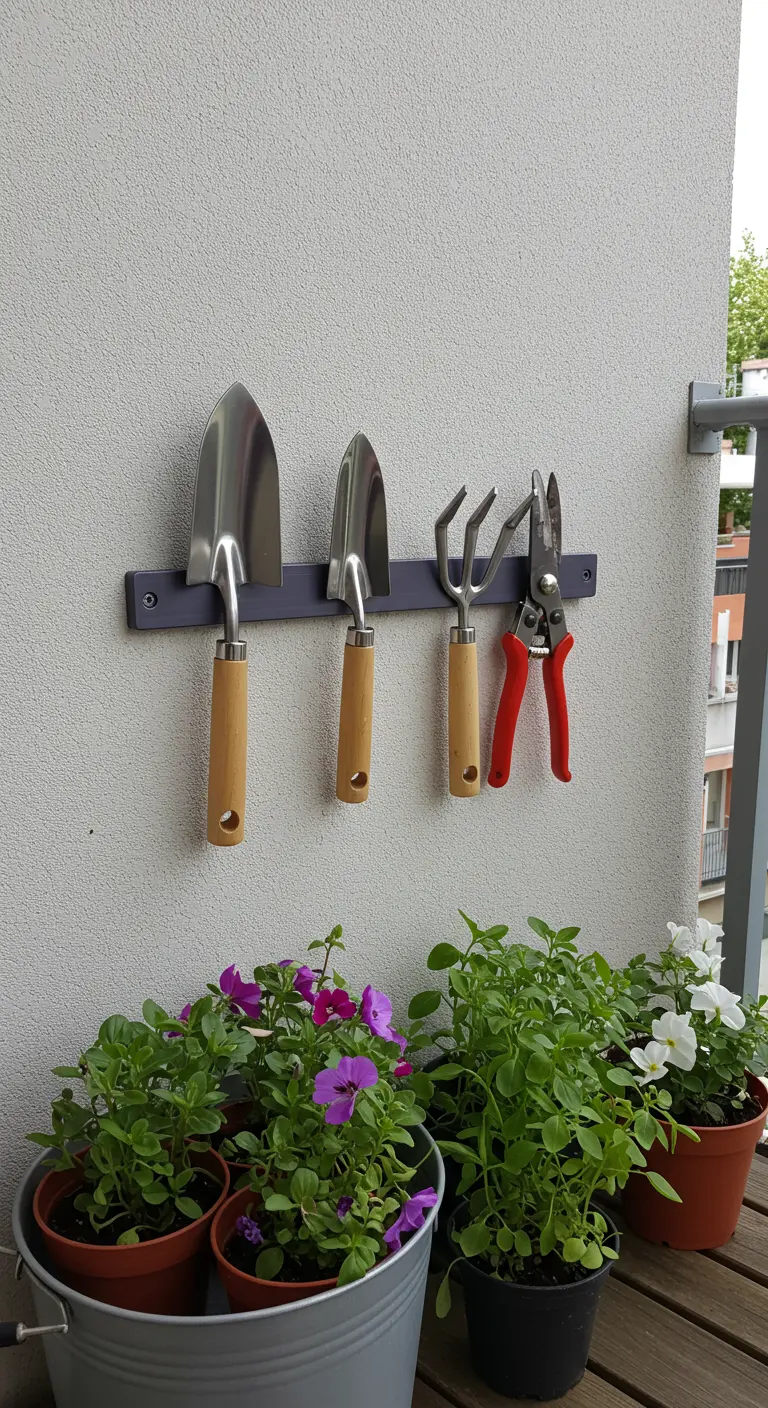 Mur de balcon avec une barre magnétique supportant des outils de jardinage.