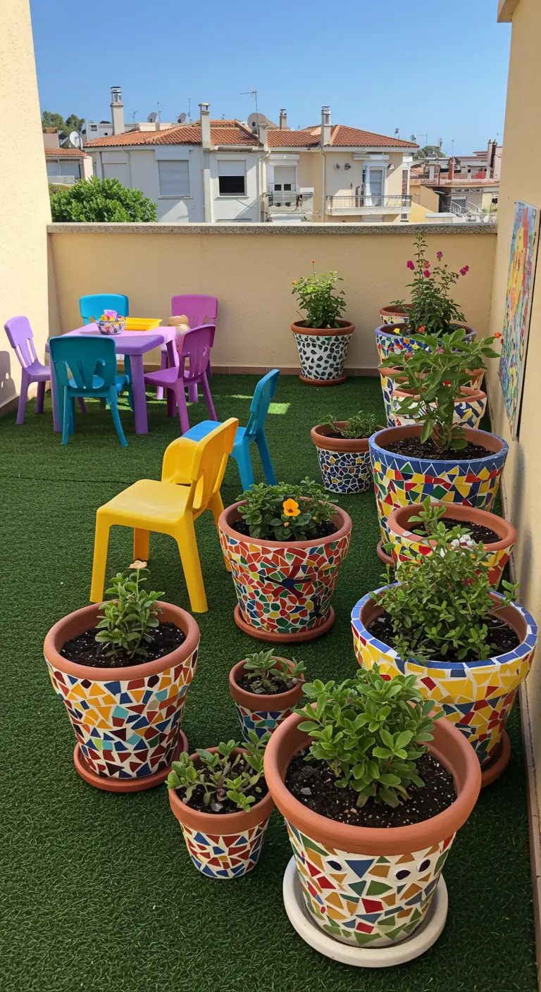 Aire de jeu pour enfants sur balcon avec gazon artificiel, pots mosaïque colorés et mobilier miniature.