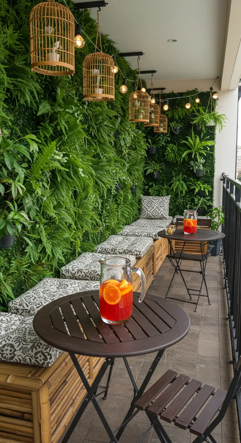 Balcon avec mur végétal, banquette en bambou, tables bistro et suspensions décoratives.