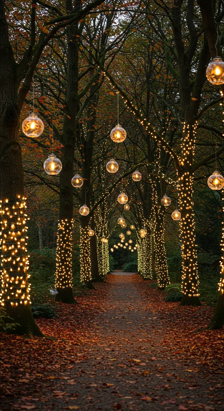 Allée forestière bordée d'arbres illuminés de guirlandes LED et de boules lumineuses suspendues.