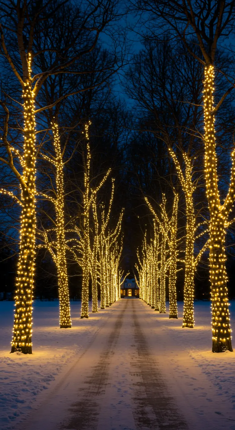 Longue allée enneigée bordée d'arbres aux troncs et branches densément illuminés de guirlandes jaunes.