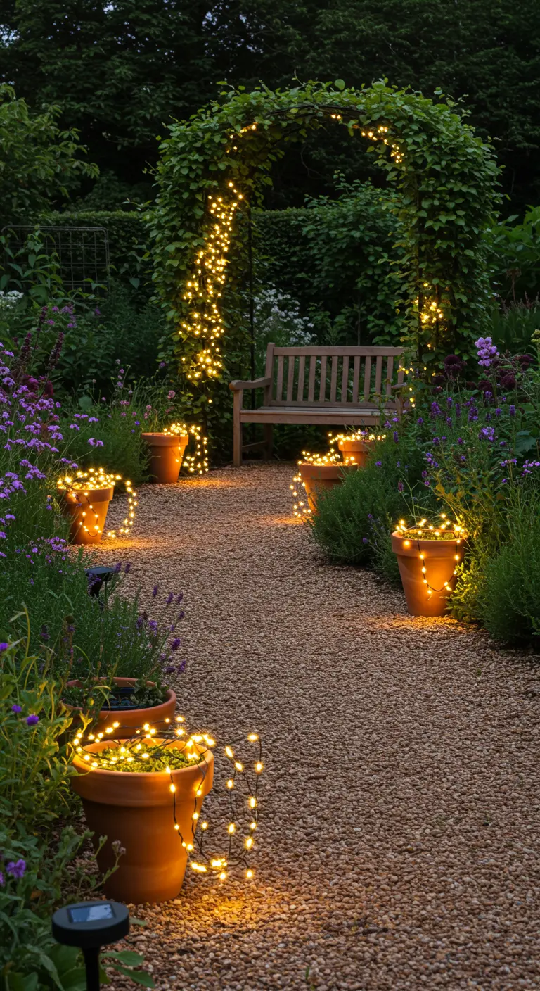 Allée de jardin éclairée par des guirlandes solaires débordant de pots en terre cuite et un arceau lumineux.