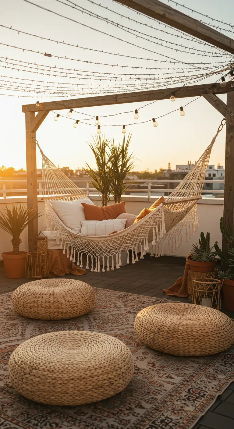 Hamac bohème sur terrasse avec guirlandes, poufs tressés et plantes, ambiance chaleureuse au coucher du soleil.