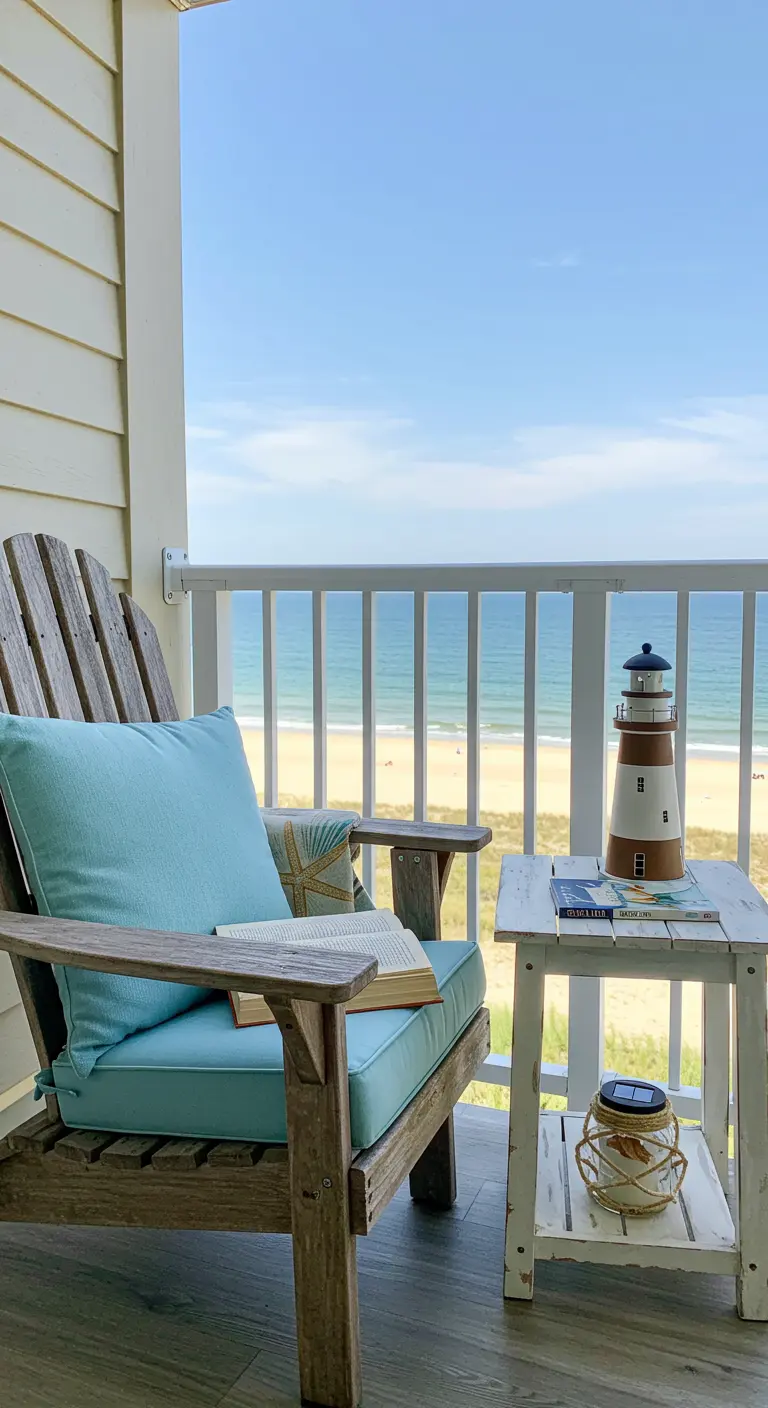 Chaise Adirondack en bois, coussin bleu, table d'appoint blanche, phare et lanterne solaire, vue mer.