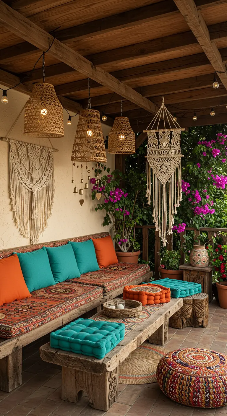Terrasse bohème avec bancs en bois, coussins turquoise/orange, bougainvilliers et suspensions.