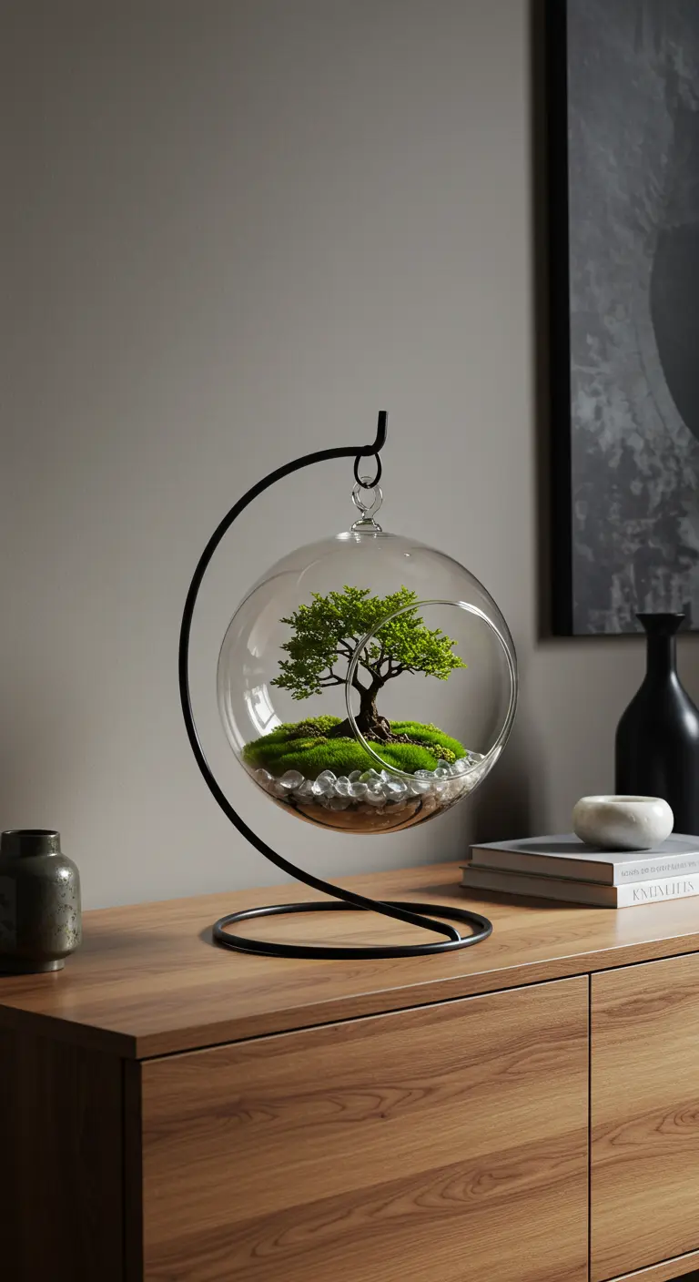 Terrarium sphérique en verre suspendu à un support métallique, contenant un bonsaï miniature sur un lit de mousse.