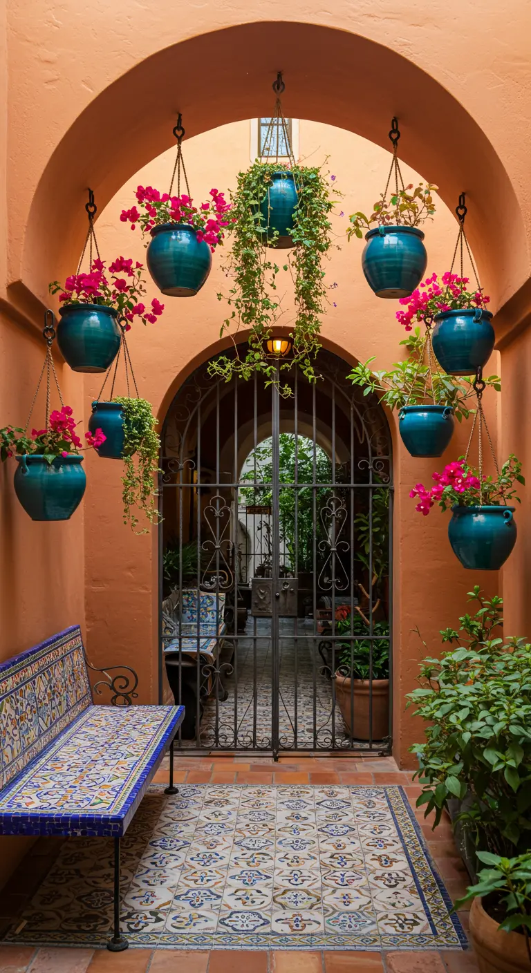 Arche colorée avec pots turquoise suspendus remplis de bougainvilliers roses et banc carrelé.