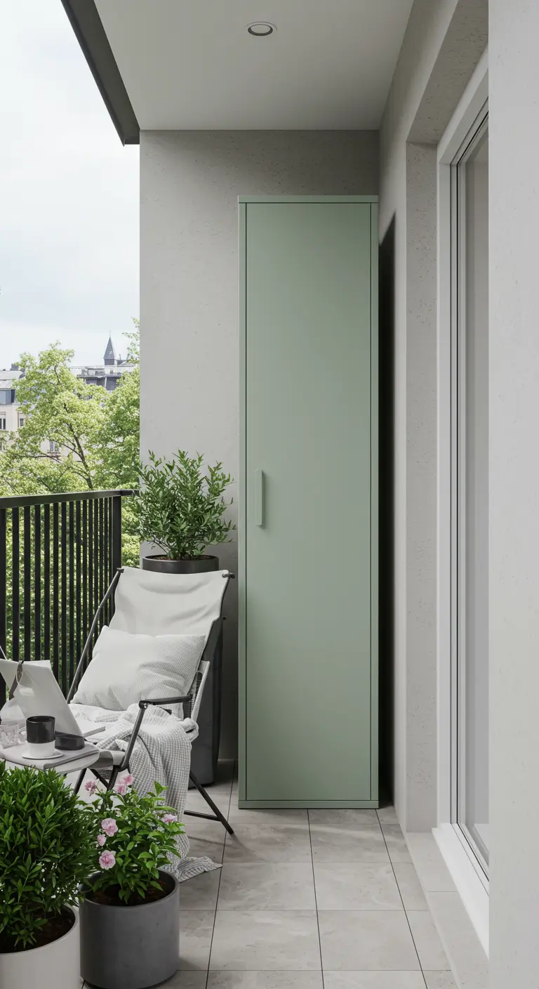 Balcon avec une armoire de rangement haute et étroite de couleur vert sauge.