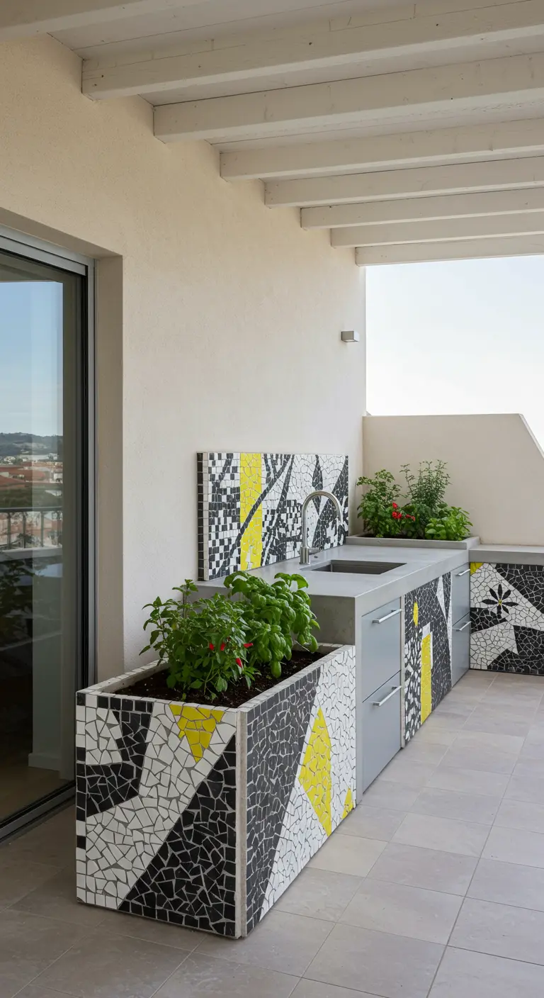 Cuisine extérieure moderne en béton avec jardinière intégrée et mosaïque noire, blanche, jaune.