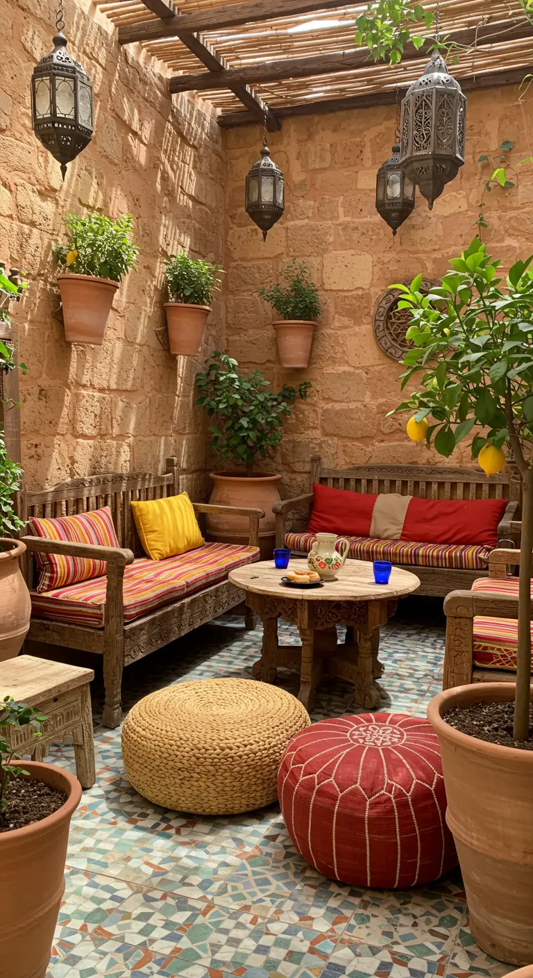 Terrasse aux murs en pierre, bancs en bois avec coussins colorés, poufs et citronnier en pot.