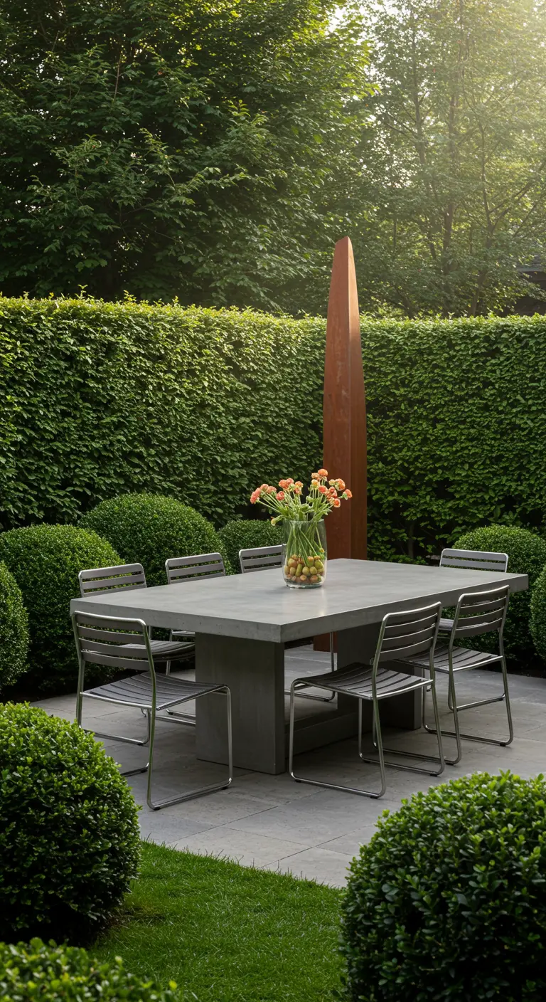 Table carrée en béton et chaises en acier dans un jardin formel avec buis et haie taillée.