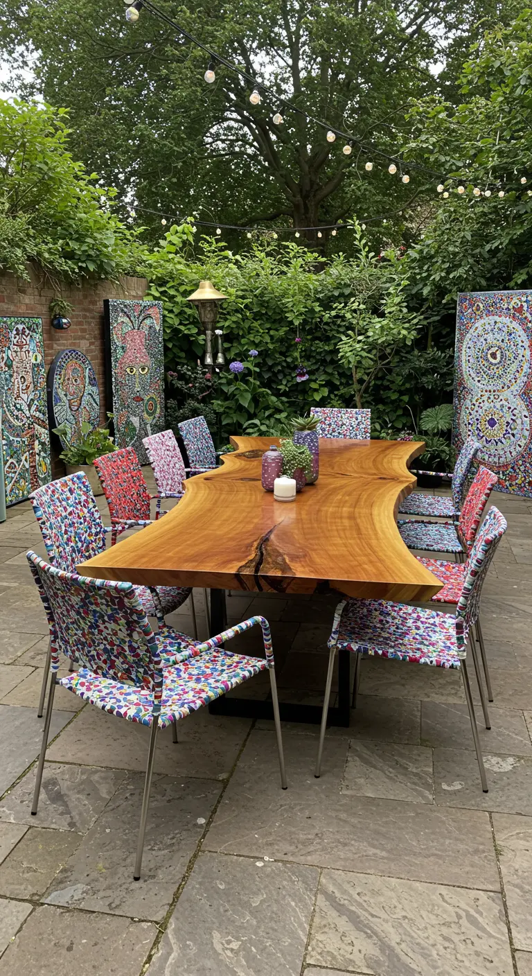 Table en bois aux bords naturels, chaises multicolores tressées, œuvres d'art murales dans un jardin.