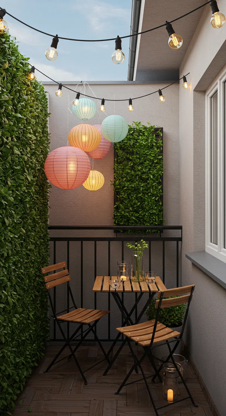Petit balcon avec mur végétal, guirlandes et lampions colorés au-dessus d'une table bistro.