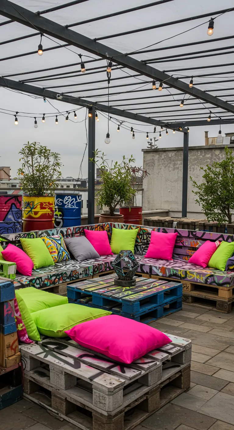 Salon de jardin palettes graffitis, coussins fuchsia/vert/gris, barils graffitis comme jardinières.