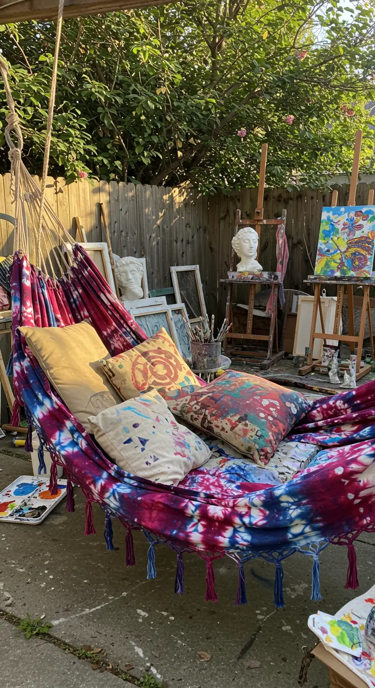 Hamac tie-dye coloré, coussins peints, matériel d'artiste dans un jardin bohème.