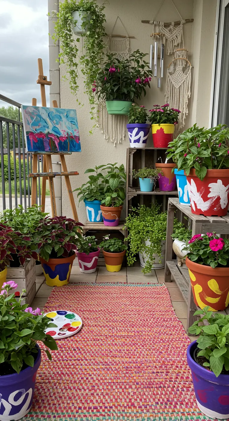Balcon coloré avec chevalet, pots peints vifs, tapis rouge, plantes fleuries, carillon et attrape-rêves.