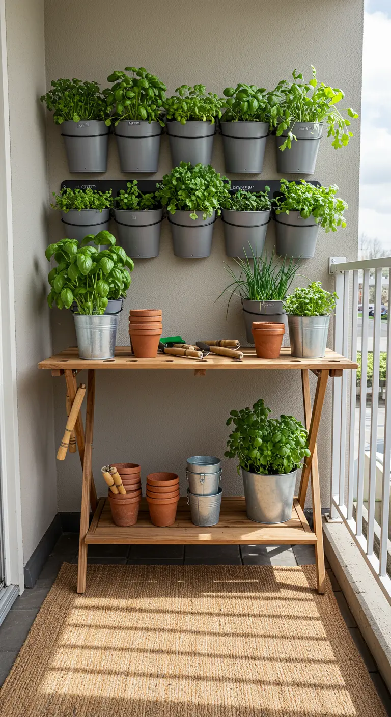 Balcon avec jardin vertical d'herbes, établi de jardinage en bois et tapis en jute.