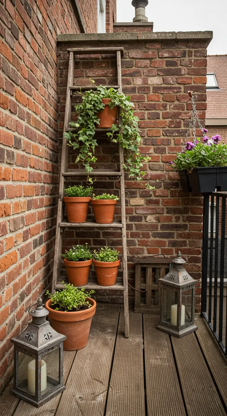 Coin de balcon avec une échelle en bois décorative servant de support à plantes, des lanternes.