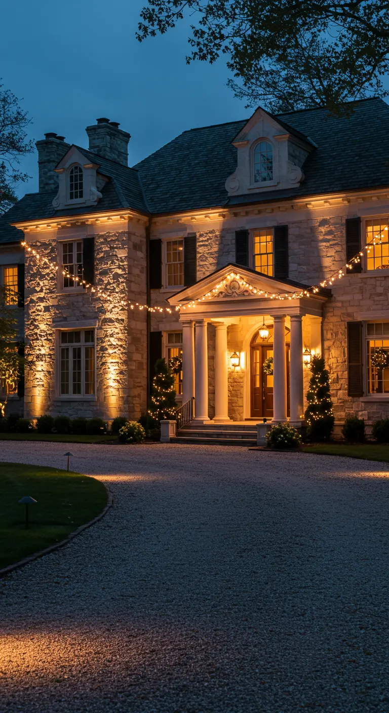 Grande maison en pierre illuminée par des projecteurs et guirlandes lumineuses chaudes.