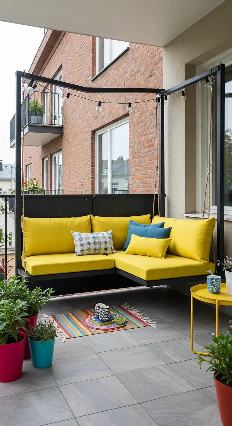 Un salon de jardin suspendu en L avec coussins jaunes vifs sur un balcon urbain, avec guirlandes et pots colorés.