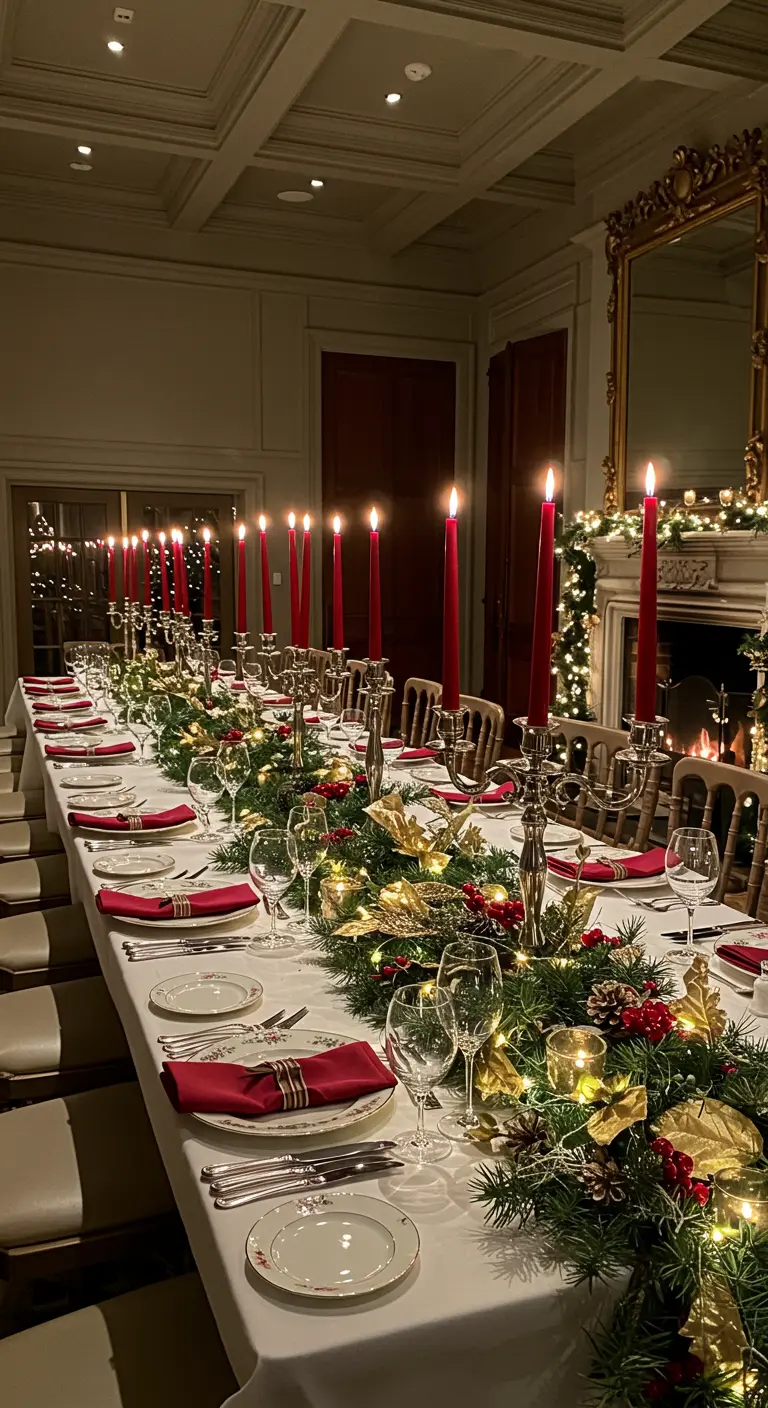 Longue table de fête avec guirlande de sapin, bougies rouges hautes et décorations dorées.