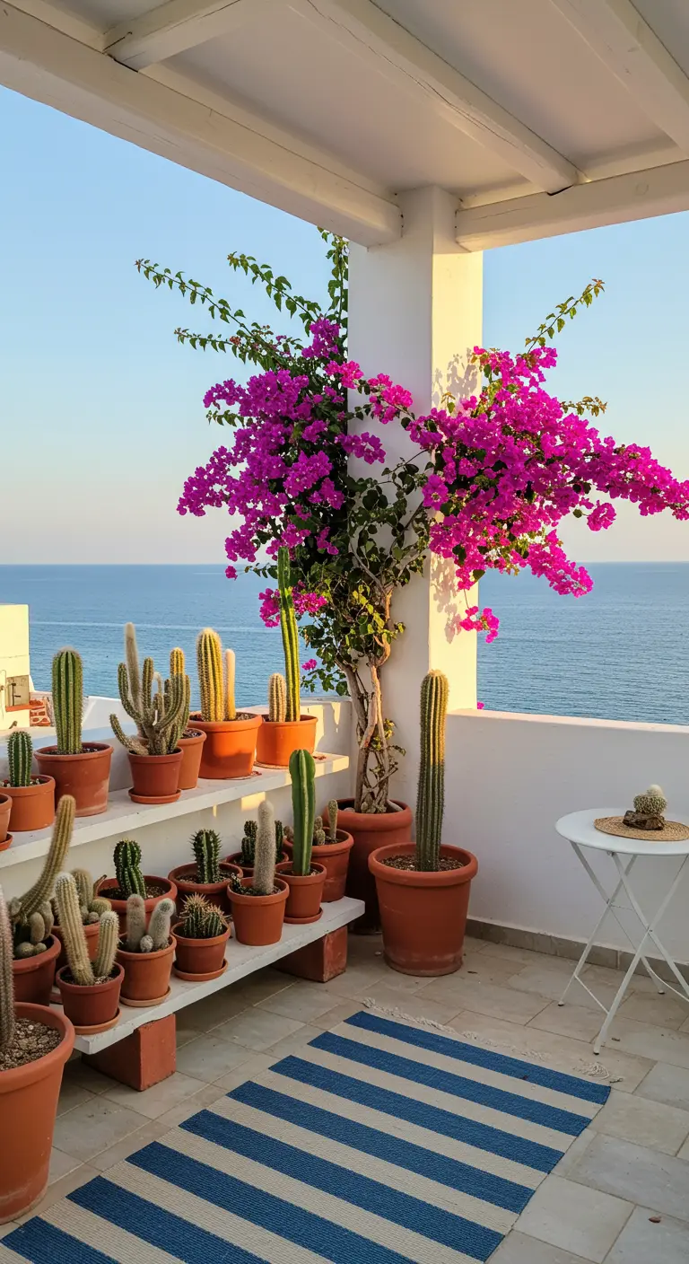 Balcon méditerranéen avec cactus en terre cuite, bougainvillier rose et vue sur la mer.