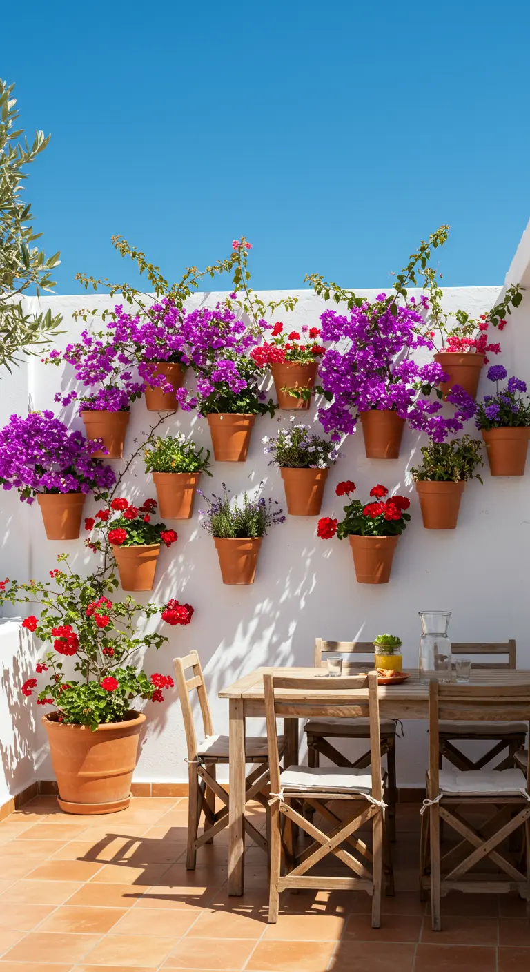 Mur blanc égayé de pots en terre cuite débordant de bougainvilliers et géraniums.