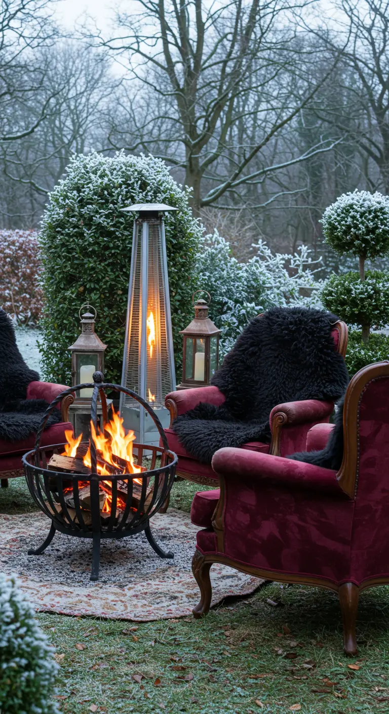 Jardin enneigé avec brasero, fauteuils rouges en velours et fourrure noire, lanternes et chauffage de terrasse.