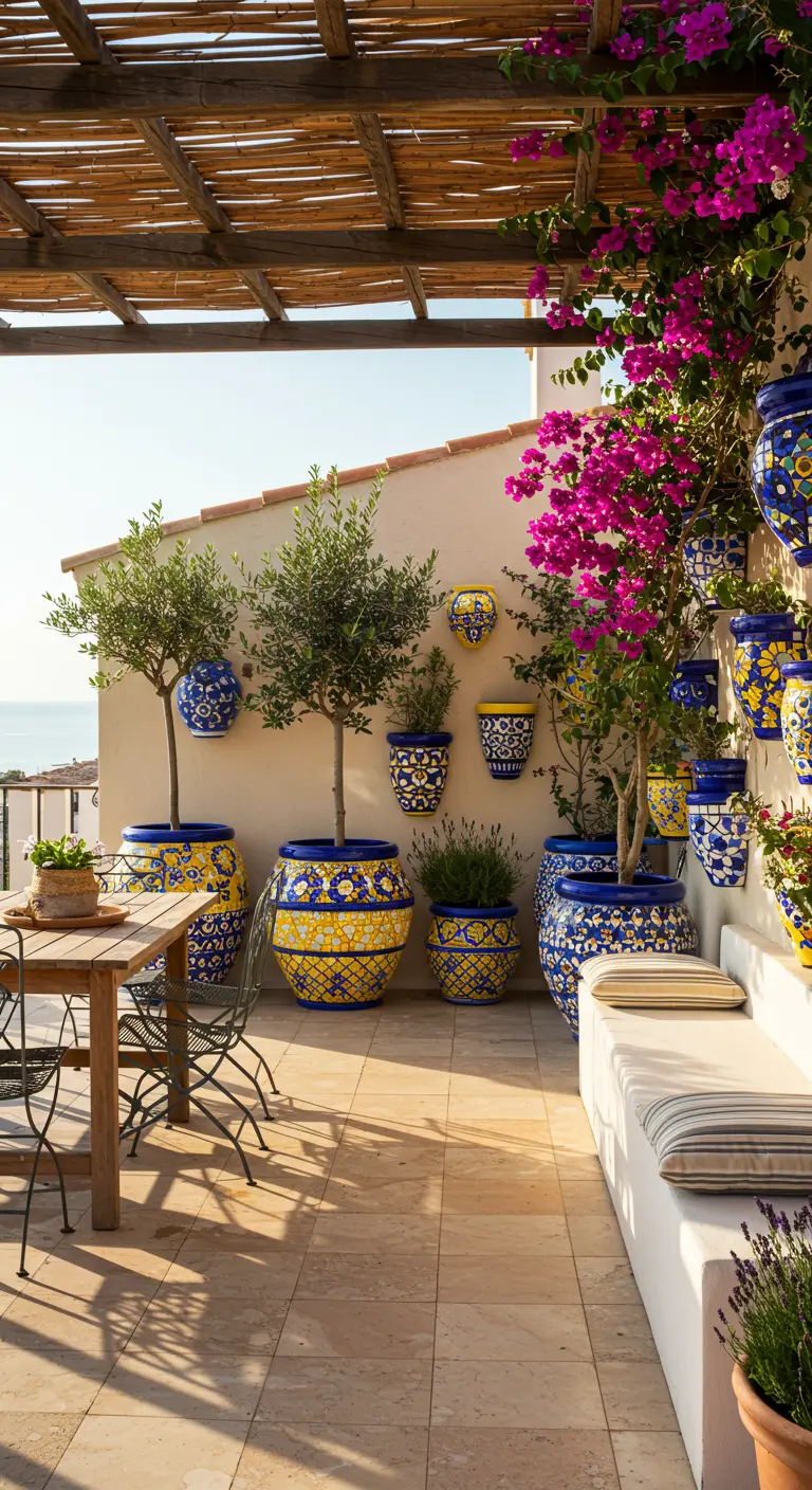 Grande terrasse méditerranéenne avec des oliviers dans des pots mosaïque bleus et jaunes ornés.