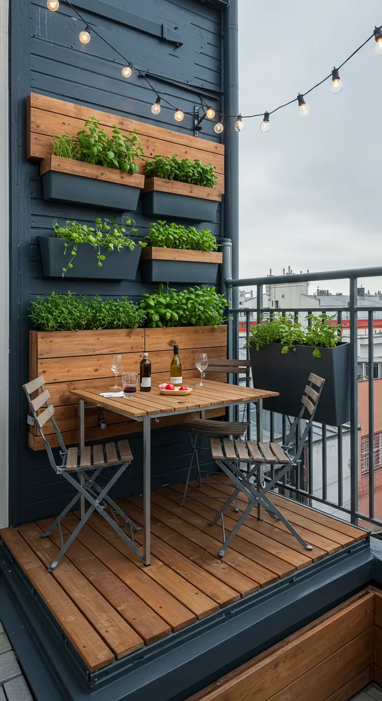 Balcon avec mur en lattes de bois, jardinières d'herbes, table et chaises pliantes.