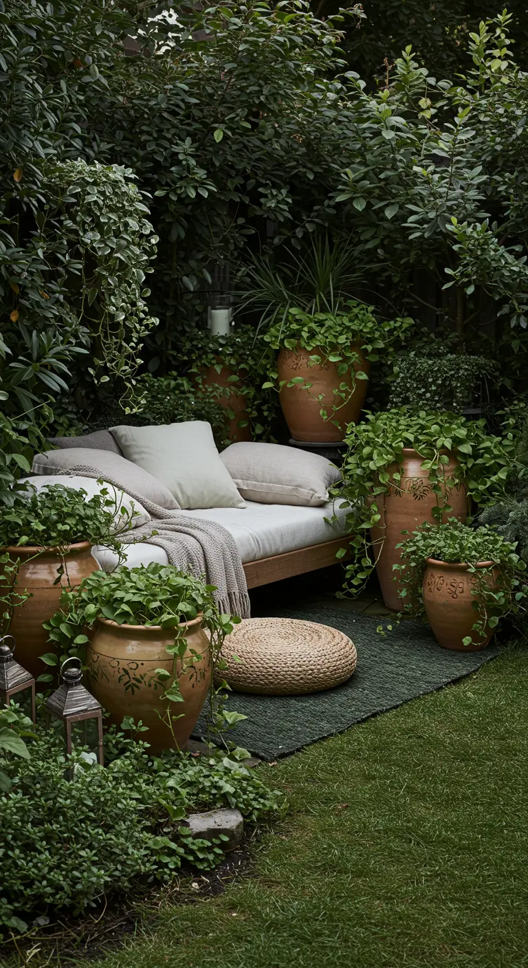 Coin jardin ombragé avec banquette en bois, coussins, plaid, pouf, grands pots terre cuite et plantes retombantes.