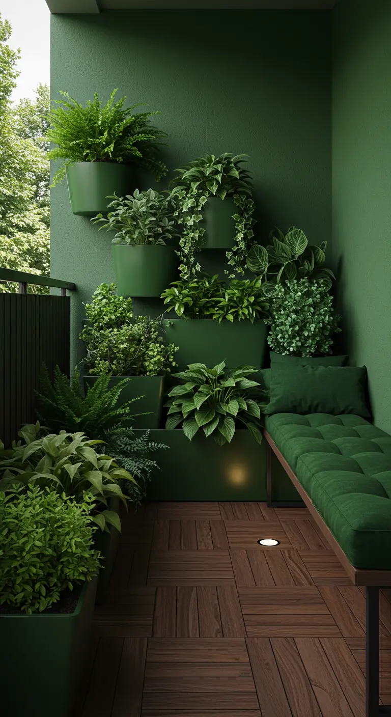 Balcon monochrome vert avec banquette, mur végétal et éclairage au sol.