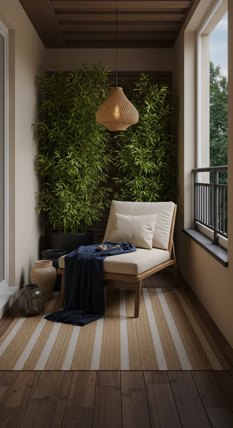 Balcon intime avec mur de bambou, fauteuil en rotin, tapis rayé et plaid indigo.