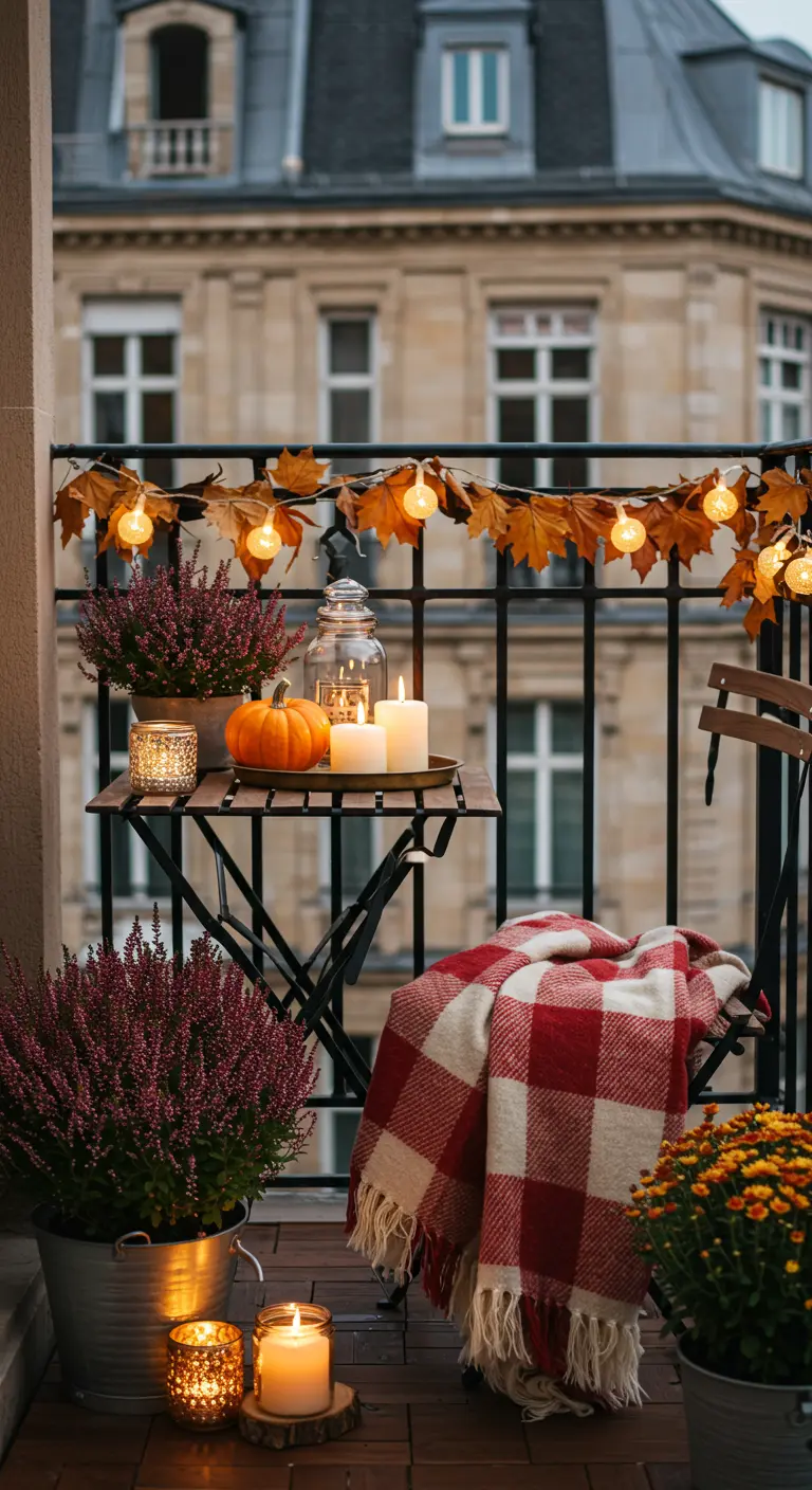 Petit balcon décoré avec plaid, bougies, citrouilles et guirlande lumineuse automnale.