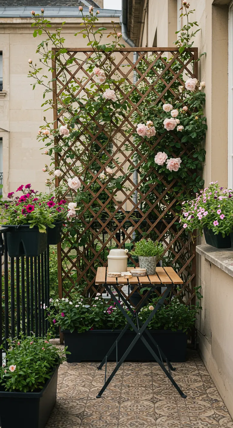 Balcon avec treillis en bois fleuri de roses, table pliante et jardinières de pétunias colorés.