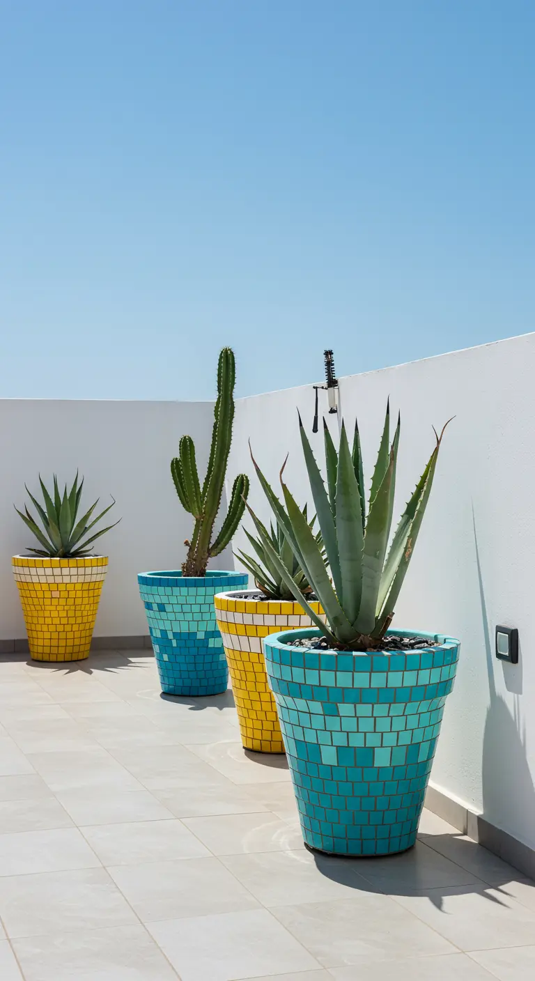 Terrasse moderne avec de grands pots mosaïque jaunes et turquoises contenant des agaves et cactus.