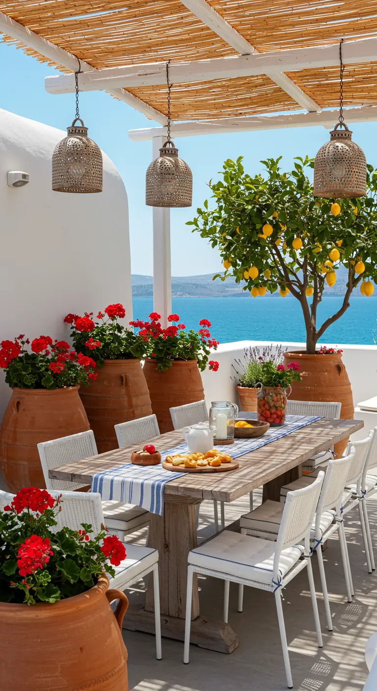 Grande terrasse méditerranéenne avec citronnier, géraniums rouges dans des pots en terre cuite et vue sur la mer.