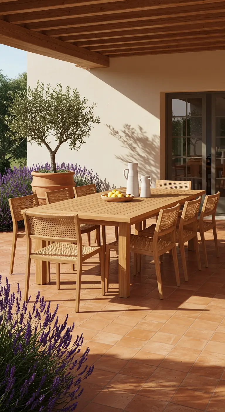 Ensemble repas en teck, chaises tressées, olivier et lavande sur une terrasse ensoleillée.