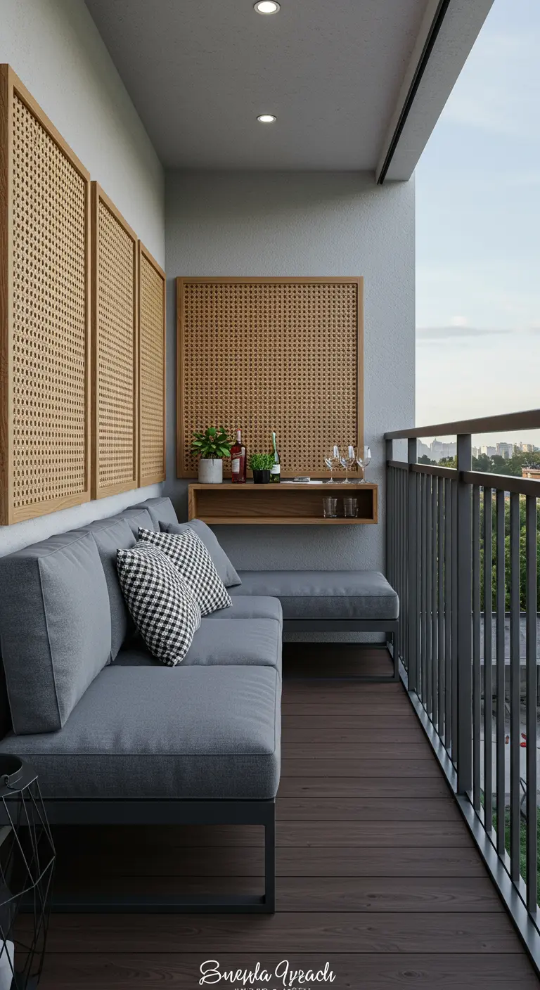 Balcon urbain moderne avec un canapé d'angle gris, des panneaux muraux en rotin et une étagère flottante.