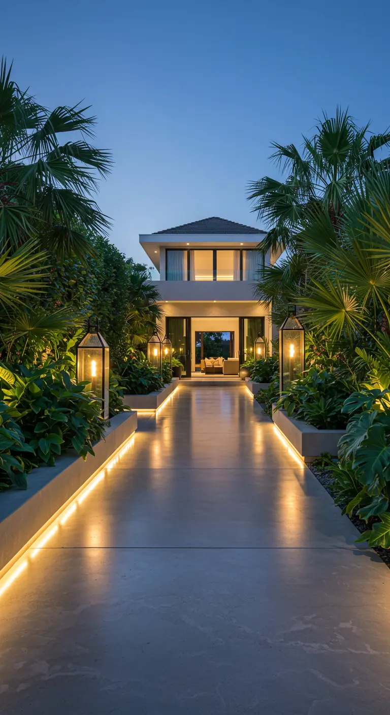 Allée moderne bordée de palmiers, avec des bandes LED intégrées et de grandes lanternes carrées éclairant le soir.