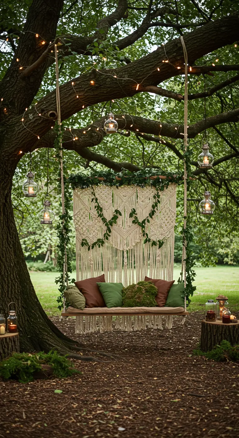 Balançoire en bois, macramé, guirlandes, lierre, lanternes sur rondins de bois sous un arbre.
