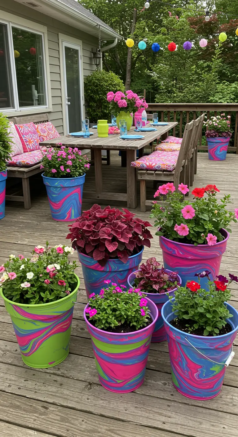 Pots marbrés aux couleurs vives (rose, vert, bleu) sur une terrasse en bois, entourant une table de fête.