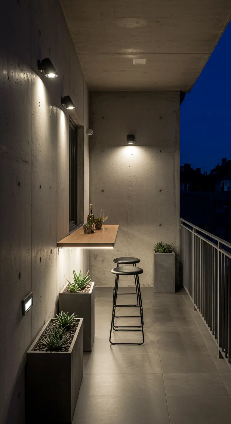 Balcon minimaliste en béton avec appliques murales, tablette de bar éclairée et plantes.