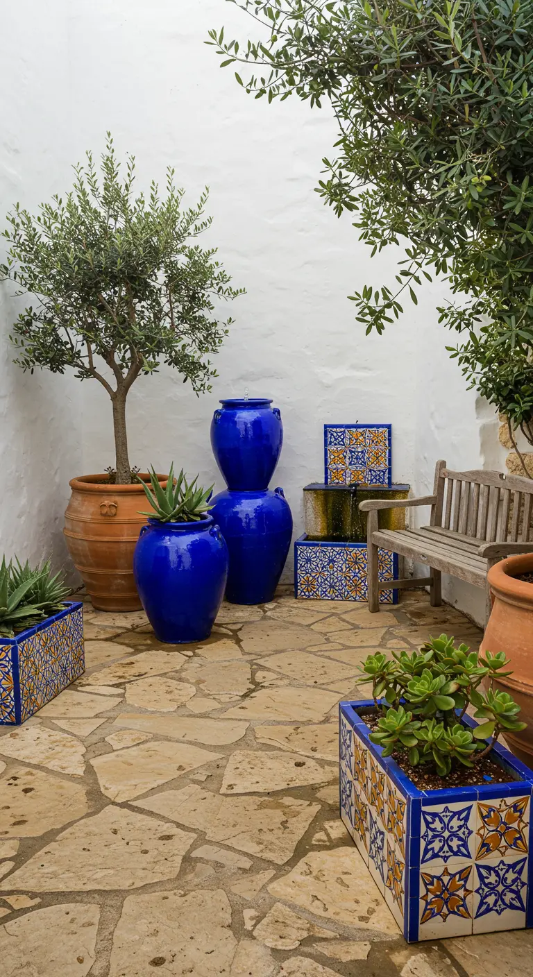 Cour méditerranéenne avec des oliviers, des jarres bleues et des jardinières en mosaïque colorées.