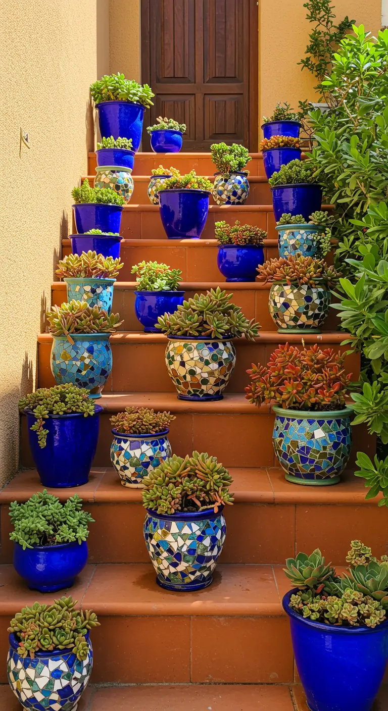 Escalier en terre cuite orné de nombreux pots bleus et mosaïques remplis de succulentes.