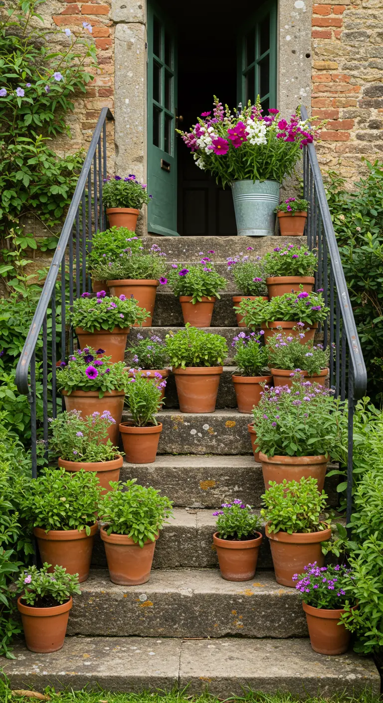 Escalier extérieur en pierre avec des pots en terre cuite fleuris de violet et blanc.