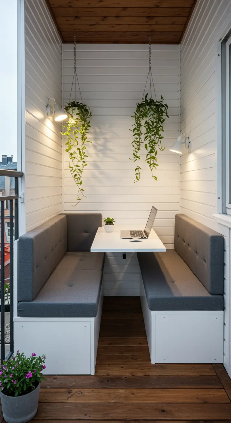 Balcon compact avec banquettes blanches, coussins gris, plantes suspendues et table de travail escamotable.