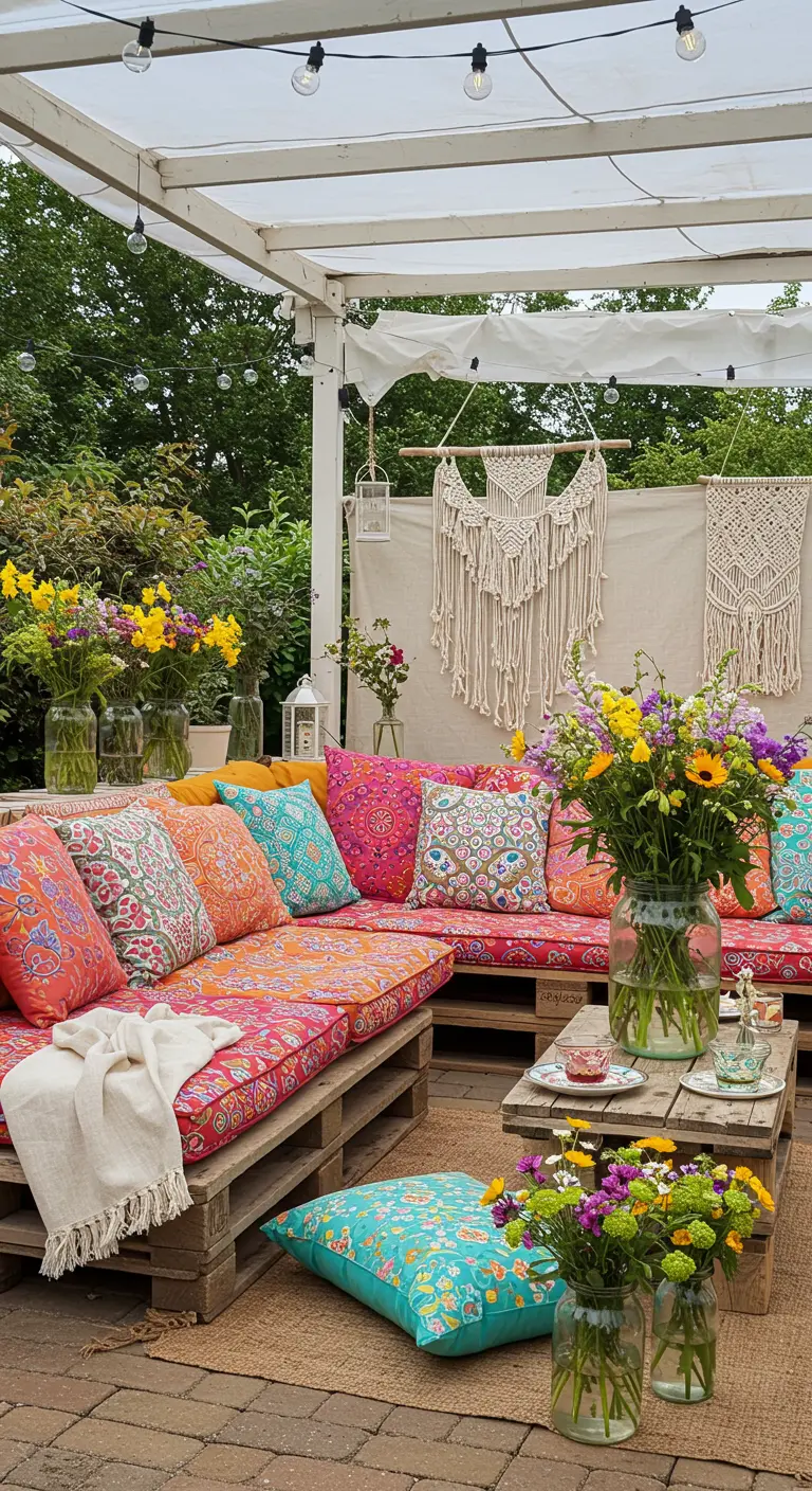 Salon de jardin bohème avec mobilier en palettes, coussins colorés, macramés et bouquets de fleurs variées.