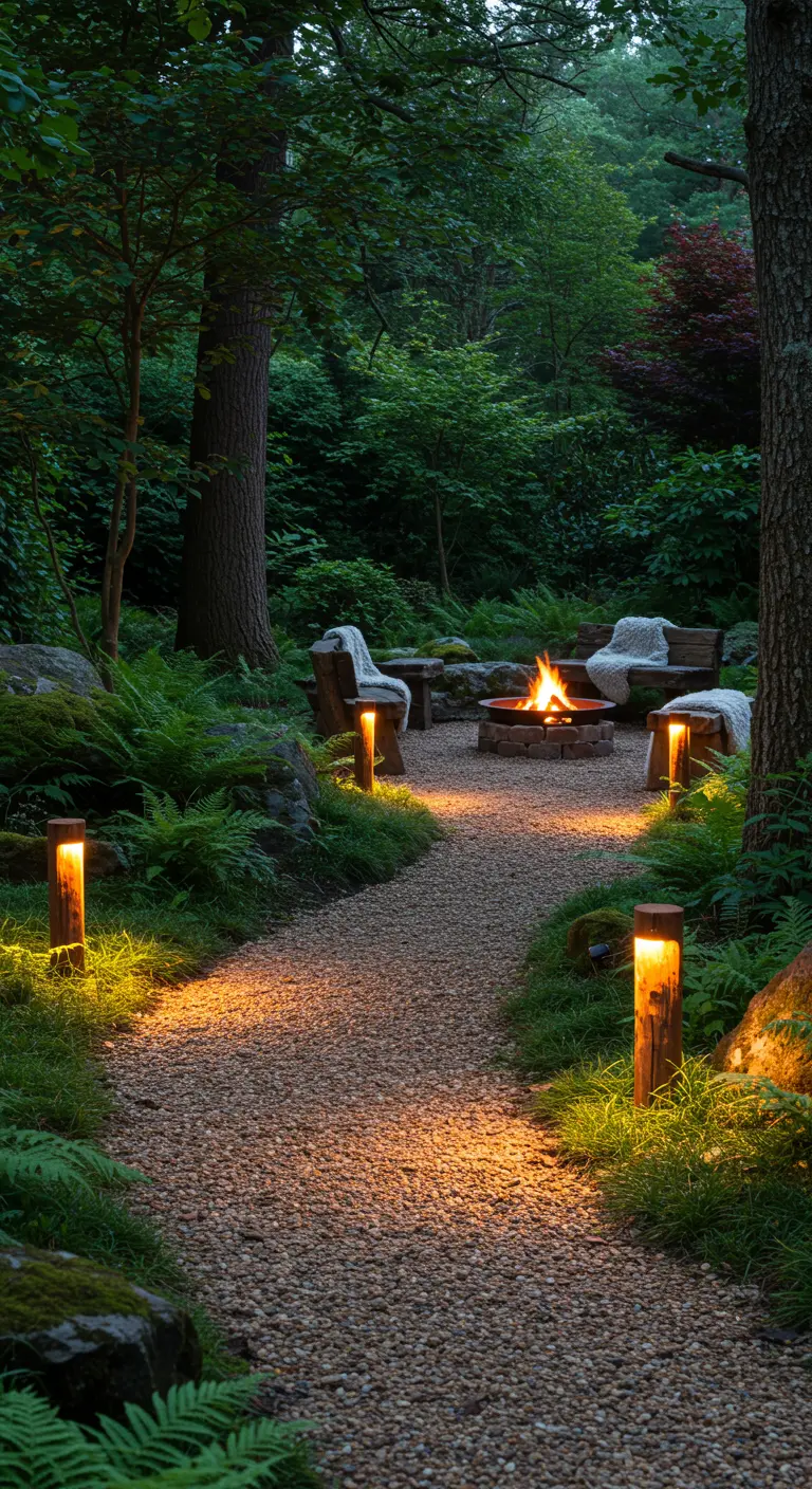 Chemin en gravier doux avec des bornes lumineuses en bois, menant à un foyer entouré de verdure.