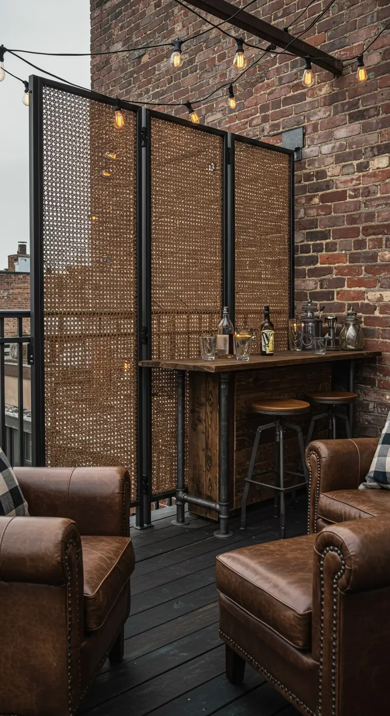 Balcon urbain avec paravents en rotin et métal, un bar industriel et des fauteuils en cuir.